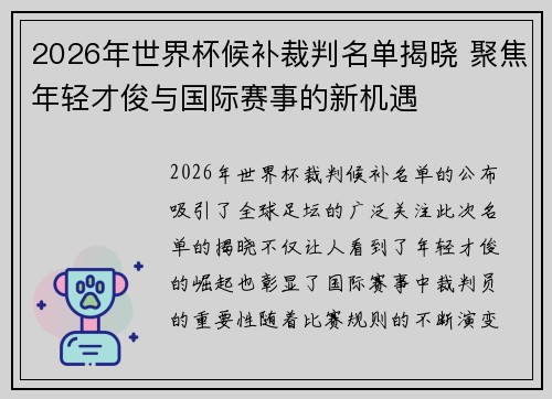 2026年世界杯候补裁判名单揭晓 聚焦年轻才俊与国际赛事的新机遇 2026年世界杯候补裁判名单揭晓 聚焦年轻才俊与国际赛事的新机遇